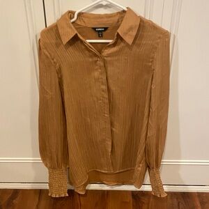 Express Tan Pleated Blouse with Smocked Cuffs